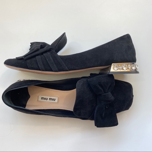 Miu Miu Black Suede Bow Jeweled Donna Loafers 38 - Picture 6 of 12